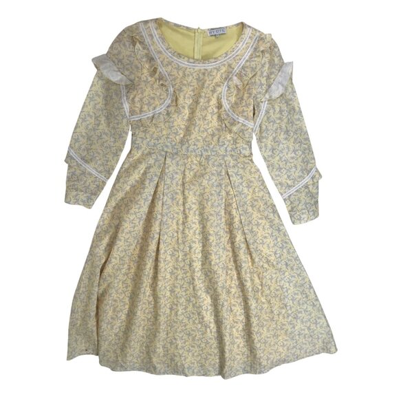 Vintage Style Yellow Floral Cottagecore Prairie Long Sleeve Ruffle Dress / Large - Picture 5 of 8